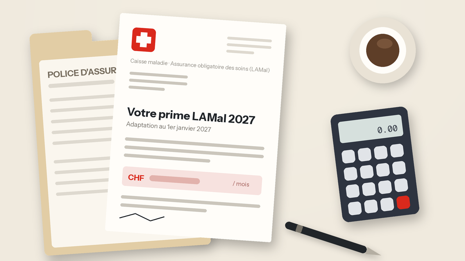 Courrier d'une caisse maladie suisse annonçant l'adaptation de la prime LAMal pour 2027, posé sur une table à côté d'une calculatrice et d'une police d'assurance